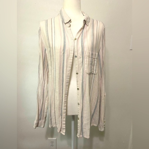 Cynthia Rowley women's large pastel vertical stripe linen blend button down EUC - Picture 1 of 8